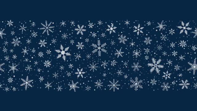 Horizontal snowflakes seamless border on dark blue background. Christmas design for banners, invitations or greeting cards. Vector illustration