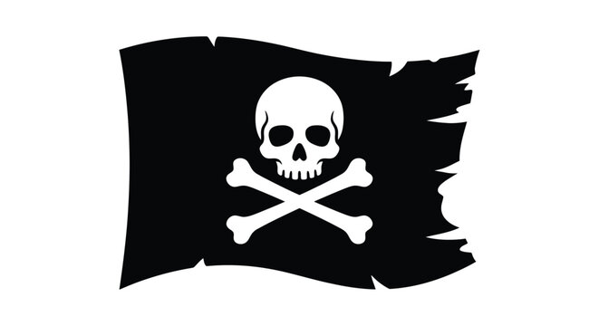 A tattered black pirate flag with a white skull and crossbones is displayed