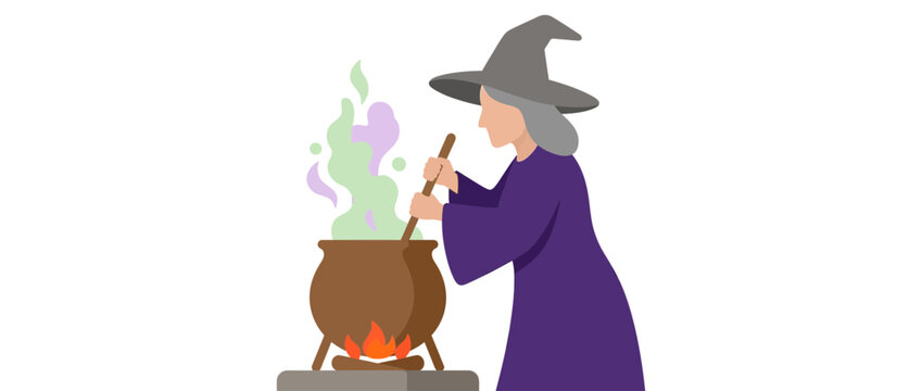 Cartoon Witch Cooking Magic Potion in Cauldron
