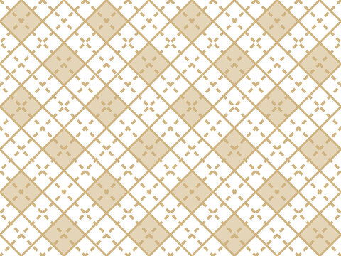 Geometric argyle pattern with interlocking diamond shapes in muted gold and white for textile and wallpaper backgrounds