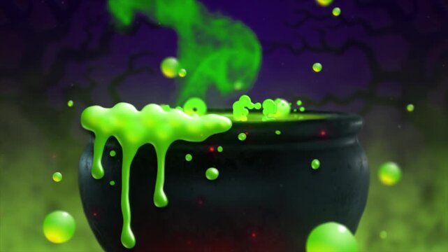 Witch cauldron with bubbling green magic potion and mystical smoke in dark enchanted forest for Halloween