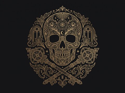 Ornate golden skull and key vector illustration on black background