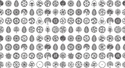 Fototapeta premium Architectural landscape plan tree symbols set in top view line art vector pattern for site planning layout