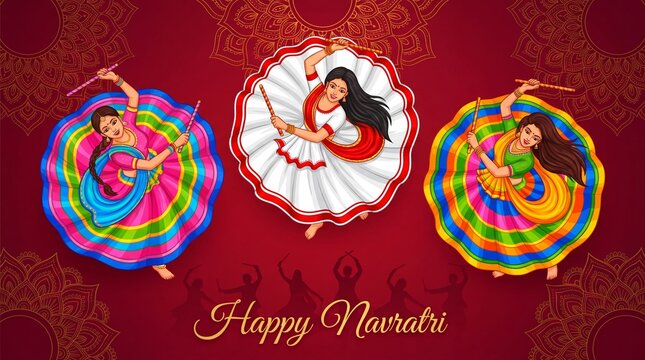 Dancing Dandiya couple at Navratri, Happy Durga Puja and Dussehra