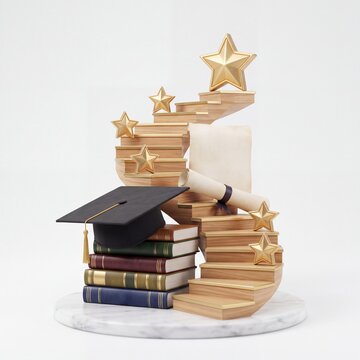Graduation cap and diploma on spiral stairs with golden stars
