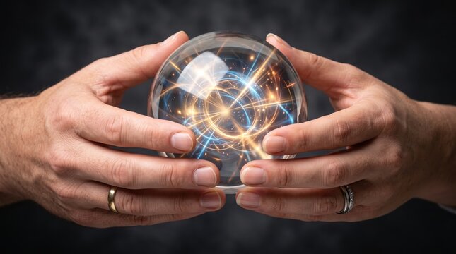 Hands holding glowing crystal ball with digital network lines, symbolizing future prediction, artificial intelligence, global technology trends, and strategic business foresight concepts.