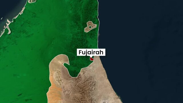Satellite map animation highlighting the Fujairah region within the UAE