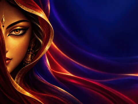 Indian woman in traditional attire with veil and glowing festive lights