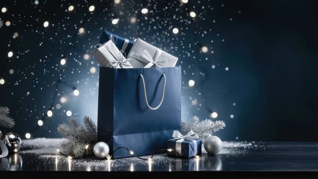 Elegant Christmas Shopping Bag With Silver Gifts Snowy Decorations and Festive Copy Space