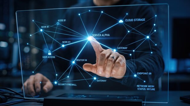 Close up of hand touching secure server network mesh on transparent screen, depicting cybersecurity, cloud storage, data protection, firewall, and IT infrastructure.