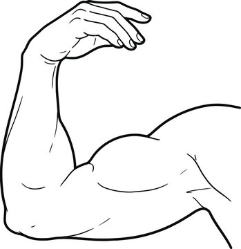 Strong muscular arm flexing bicep, black and white line art vector, fitness and bodybuilding power symbol for gym logos