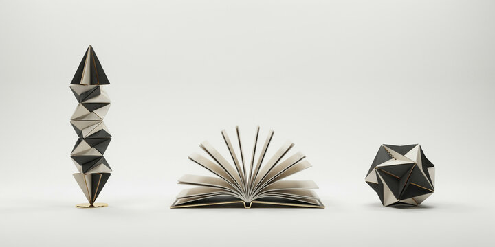 Three geometric sculptural including folded paper towers and an open book display