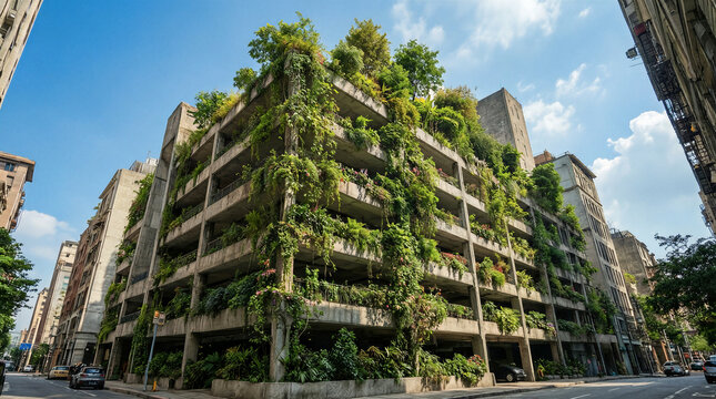Ecological architecture featuring sustainable urban parking garage with living walls and lush climbing plants