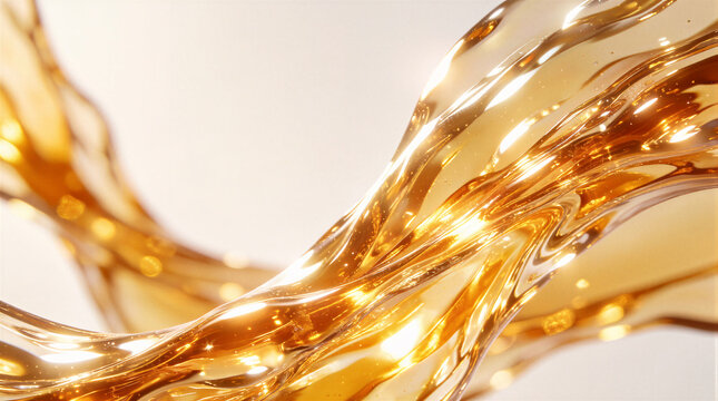 High speed macro photography captures dynamic streams of warm amber and glowing liquid gold in radiant studio sunlight
