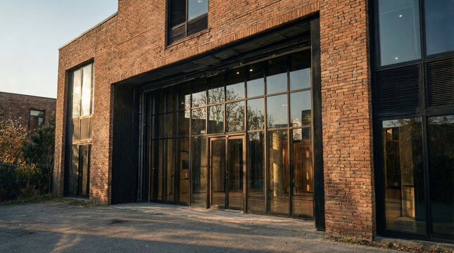 Industrial architecture featuring an original brick loading bay converted into a glass-walled lobby entrance during late afternoon
