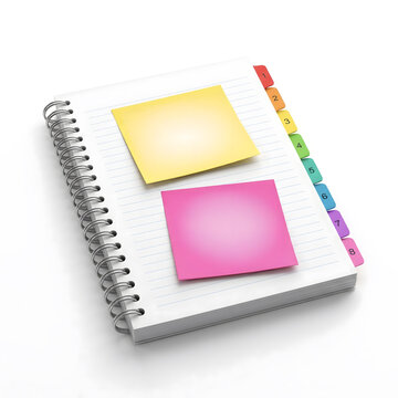 Spiral notebook with colorful numbered index tabs and sticky notes isolated on white background 3d render