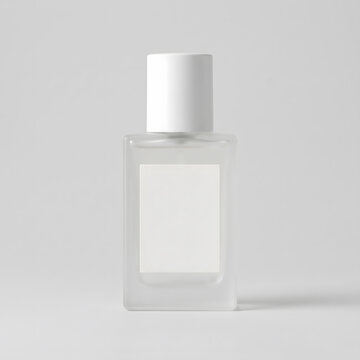 Frosted glass cosmetic spray bottle with blank white rectangular label isolated on grey background 3d render