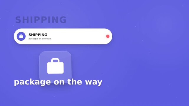 Minimalist 3D user interface with a shipping notification bubble on purple background, concept for e-commerce order tracking, ideal for mobile application design and logistics dashboard.