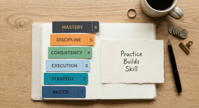 Progressive Strategy Tabs Arranged on Open Notebook Page with 'Practice Builds Skill' Note