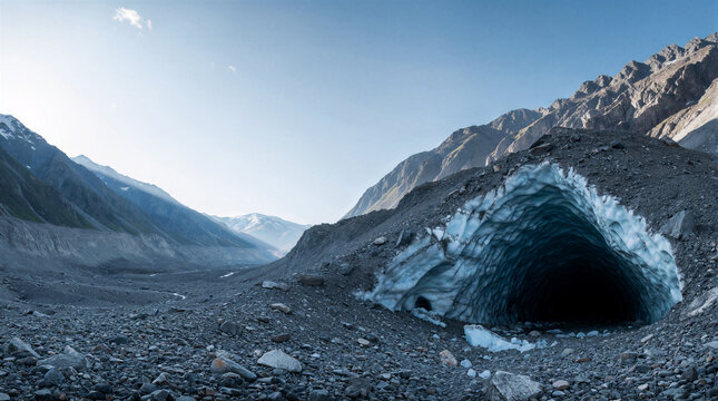 Moraine basin landscape showing a shrinking dirty ice cave opening into a vast empty gravel bed
