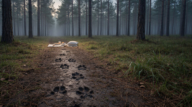 Paw prints and muddy boot tracks leading away from a picnic set with a cushion and toy in a foggy pine forest