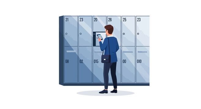 Man Using Smartphone at Automated Parcel Locker Station for Contactless Package Pickup and Delivery Service, Vector Illustration