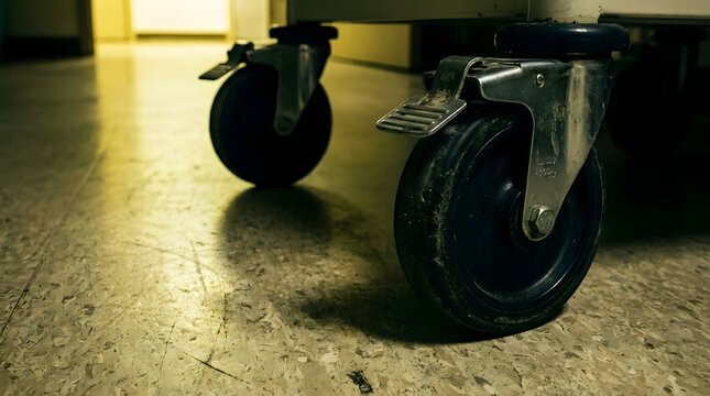 Heavy duty caster wheels attached to a metal utility cart on a scuffed hospital floor showing facility maintenance and clinical equipment transport