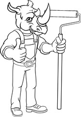A rhino painter decorator handyman cartoon construction man mascot character holding a paint roller tool © Christos Georghiou