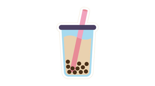 Bubble tea cup vector illustration with a pink straw and tapioca pearls