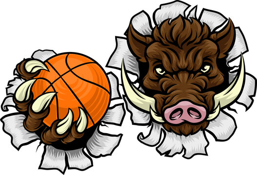 A wild boar, hog razorback warthog pig mean tough cartoon sports mascot holding a basketball ball