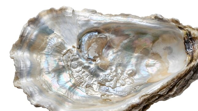 Close up view of iridescent mother of pearl inside open oyster shell
