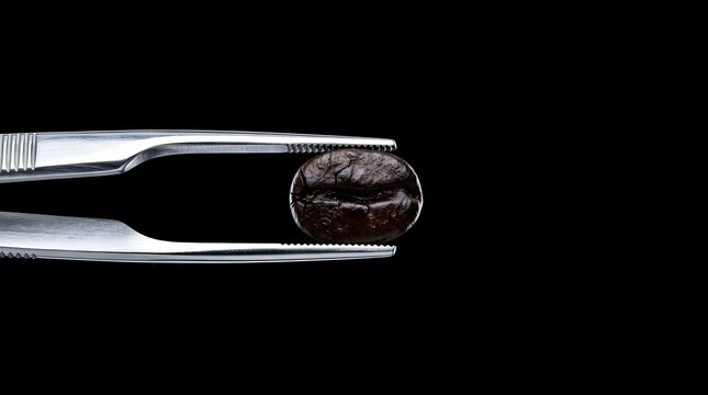 Single roasted coffee bean held precisely by metal tweezers illustrating gourmet coffee selection and agricultural quality control processes