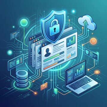 Isometric cybersecurity shield protecting digital user data and network