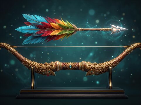 Traditional Indian bow and colorful fletched arrow on display stand