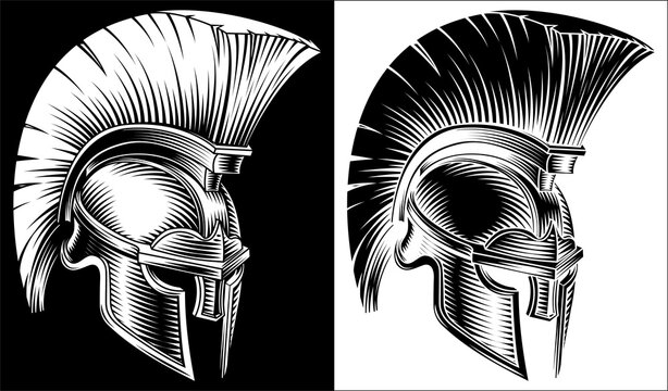A greek spartan or trojan warrior soldier or roman gladiator helmet in a vintage woodcut style
