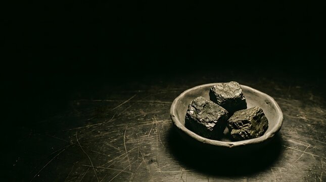 Three rough coal chunks resting in a clay bowl on a dark surface emphasizing raw fossil fuels and heavy industrial energy generation processes