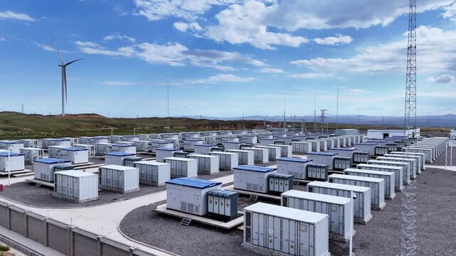 Large outdoor energy storage power station container array under blue sky