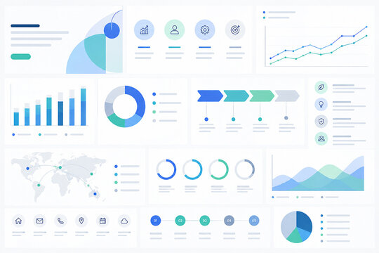 Modern UI dashboard infographics kit with business data visualization elements, charts, diagrams, world map, and icons on a clean white background.