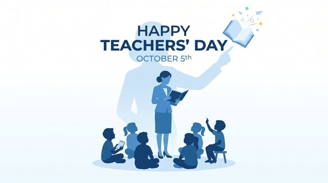 A minimalist blue-toned illustration for Happy Teachers' Day, featuring a teacher standing before a group of attentive children, with a large silhouette in the background and an open book icon.
