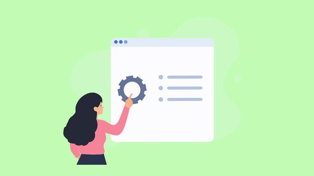 Animated video showing a person reviewing a digital checklist with a gear icon, representing quality assurance, process management, and task verification on a soft green background.