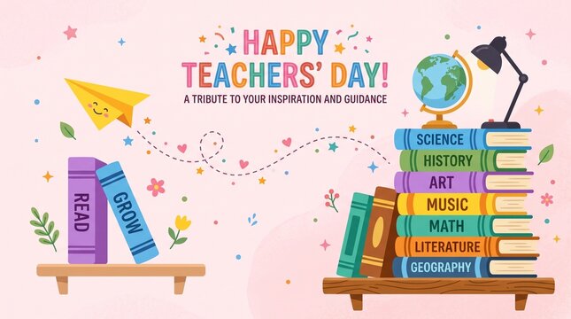 Happy Teachers' Day festive illustration featuring colorful stacks of academic books, a globe, a desk lamp, and a paper airplane on a soft pink background with decorative elements.