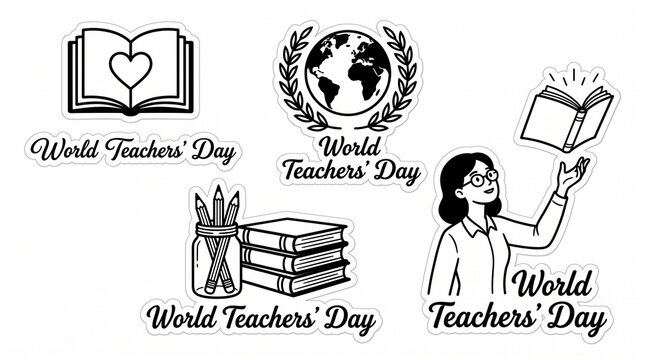 Set of black and white vector illustrations celebrating World Teachers' Day featuring books, a globe with laurel, a pencil jar, and a teacher holding a book, perfect for educational design elements.
