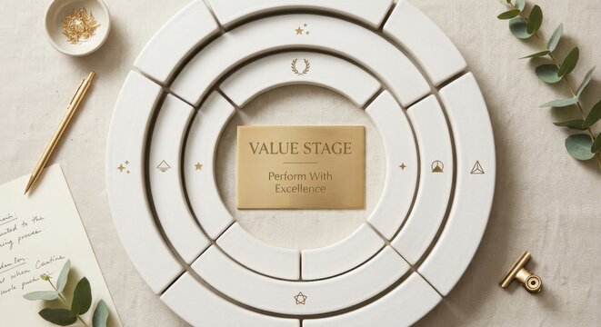 White Ceramic Circular Display Stage with Gold Value Stage Card