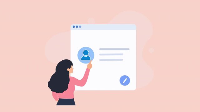 Animated video showing a person interacting with a digital user profile interface, representing customer information, account management, and profile editing on a soft pink background.