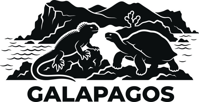 Galapagos island landscape featuring giant tortoise marine iguana rocks and volcanic mountains for ecuador travel souvenir