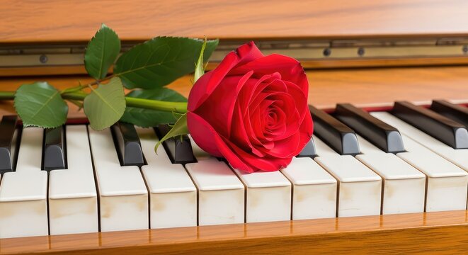 A delicate red rose rests upon the weathered ivory and ebony keys of a vintage wooden piano, capturing a timeless sense of musical romance, indoor, instrument, performance