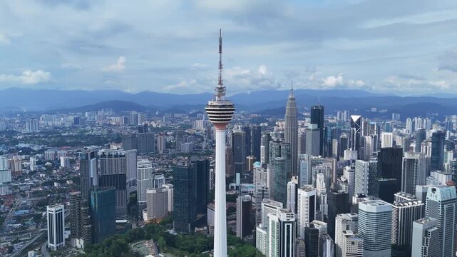 Aerial view of Menara Kuala Lumpur and downtown cityscape, Malaysia.