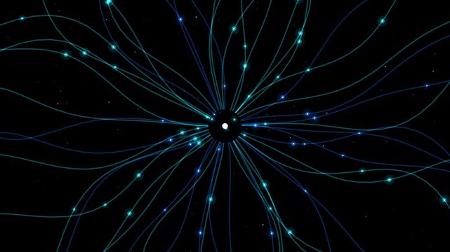 Abstract digital background featuring glowing blue light streaks emanating from a central point in deep space showing radiant energy lines