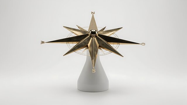 ​Golden wind rose compass sculpture symbol on clean white background for navigation concept