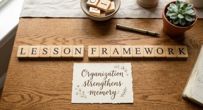 Wooden lesson framework blocks spelling 'Organization strengthens memory' with a pen and bowl